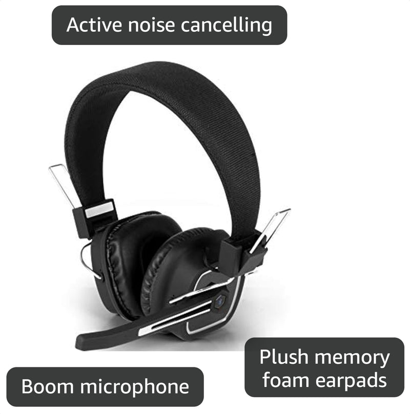 Aluratek Bluetooth 5.0 Wireless Stereo Headset – Over-Ear Headphones, Boom Microphone, Long Battery Life for Phone Calls, Music, Compatible with PC, Laptop, MacBook, Tablets, Smartphone - ABHS02F