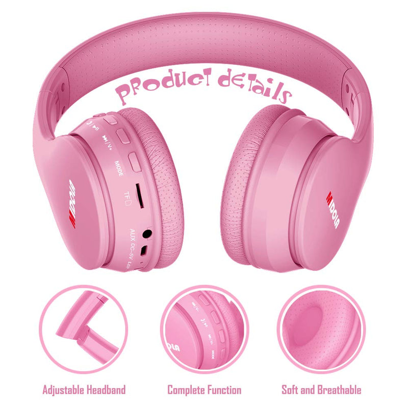 Headphones Bluetooth Wireless Kids Volume Limit 85dB /110dB Over Ear Foldable Noise Protection Headset/Wired inline AUX Cord Mic for Children Boy Girl Travel School Phone Pad Tablet PC Pink