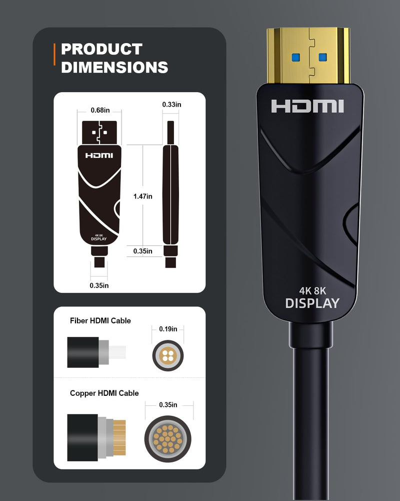 10K 8K 4K HDMI 2.1 Cable, CL3 Rated in Wall 48Gbps Ultra High Speed Cable 60 Ft Long, Slim & Light Unidirectional Fiber Optic HDMI, Support 8K@60Hz 4K@120Hz, D-HDR, EARC Dolby Atmos Uni directional Black