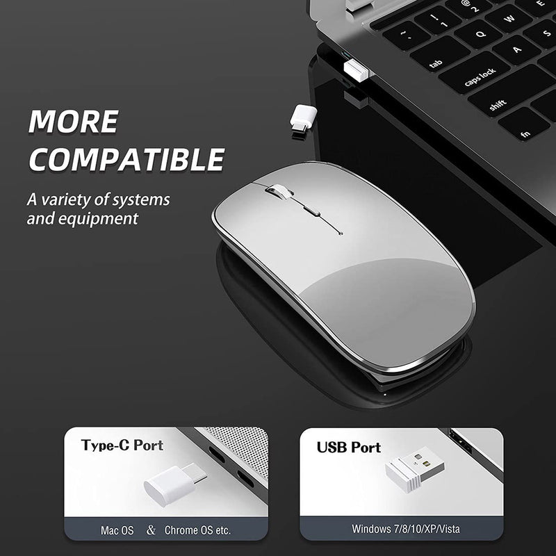 Halpilt Wireless Mouse Chargeable Portable Silent Wireless Mouse USB and Type-C Dual Mode Wireless Mouse 3 Adjustable DPI for Laptop, Mac, MacBook, Android, PC (Q23S Grey)