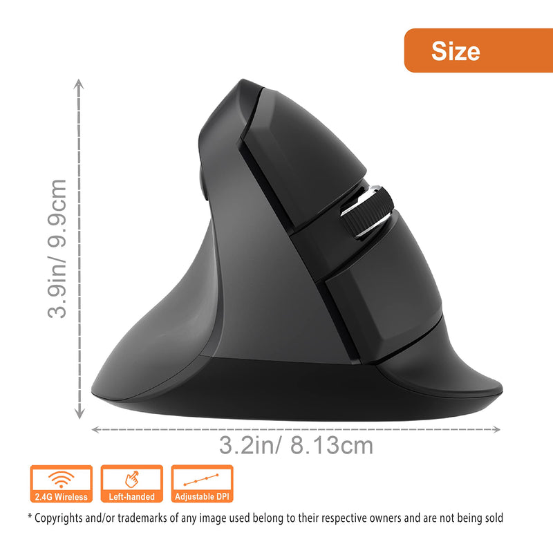 J-Tech Digital Left Handed Wireless Ergonomic Vertical Mouse for Small Hands with USB Nano Transceiver, AA Battery, 4 DPI, Compatible with Mac and PC, Black [V628ML]