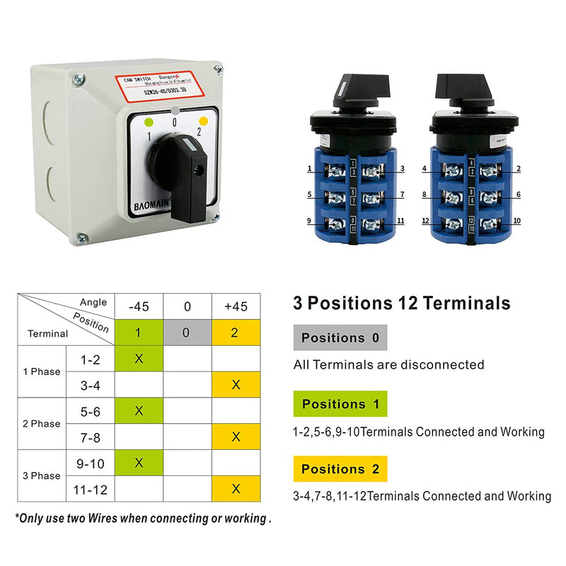 [AUSTRALIA] - BAOMAIN 3 Phase Rotary Changeover Switch 40A 660V,3 Position (1-0-2) 12 Terminal Universal Cam Selector Switch with Waterproof Exterior Box,Manual Transfer Switch for Motor Control,SZW26-40/D303.3D 