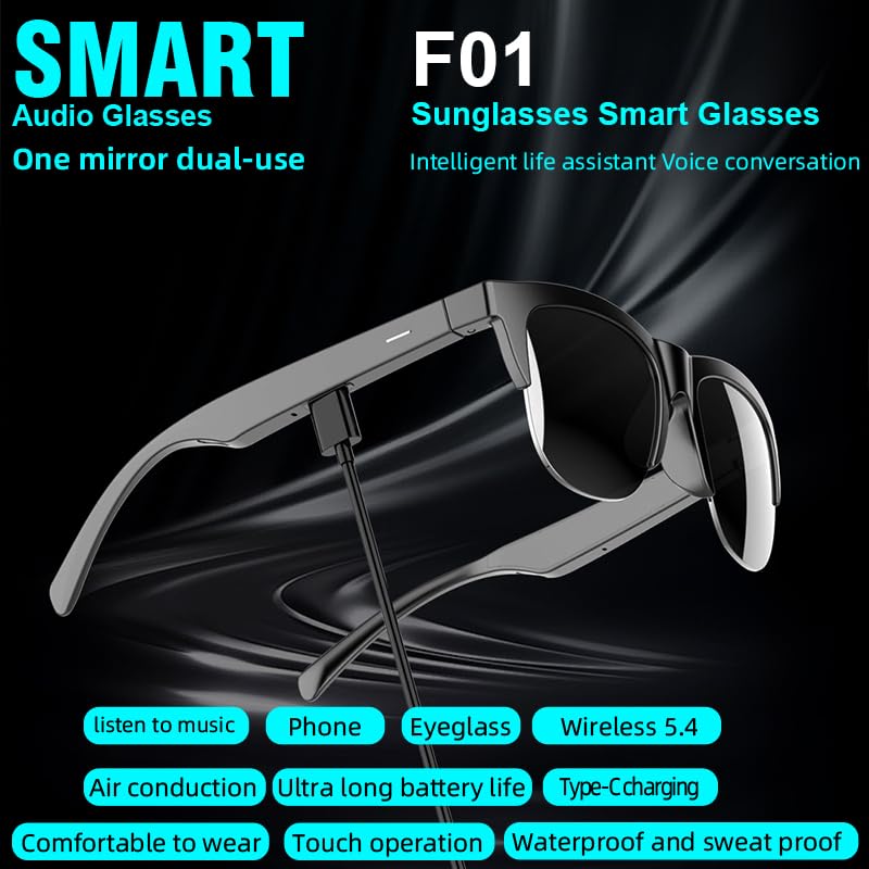 Wireless Smart Glasses Air Bone Conduction BT 5.3 - Open Ear Sport Sunglasses with HiFi Stereo Speakers, IP4 Waterproof, Touch Control, Polarized Anti Blue Light Lens for Driving, Running, Work American Black Frame-black Lens One Size Bluetooth