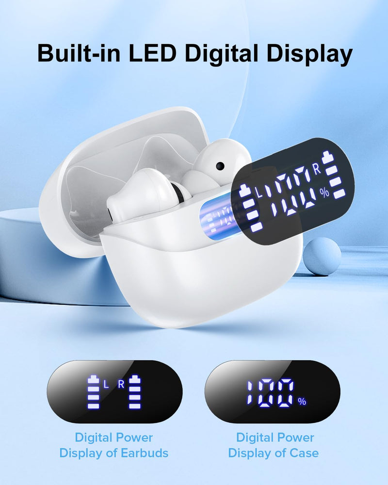 [AUSTRALIA] - Wireless Earbuds, 42H Playtime Bluetooth 5.3 Headphones, HIFI Stereo Call Noise Cancelling Earbuds, IPX7 Waterproof Stereo in-Ear Earphones with LED Display for IOS Android Cell Phone (White) White 
