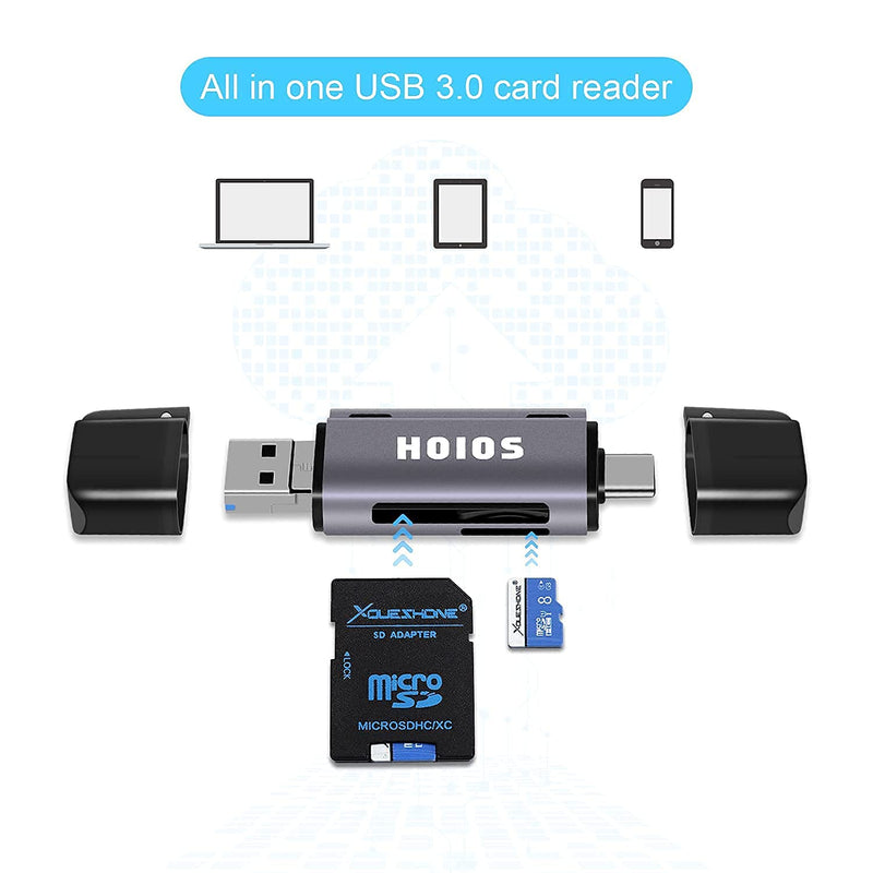 SD Card Reader USB-C,3-in-1 Memory Card Reader with Tri-Connectors, USB 3.0 Card Reader Adapter for SDXC,Micro SDXC,Compatible with Windows,Mac OS ,Linux, Android,Silver Gray