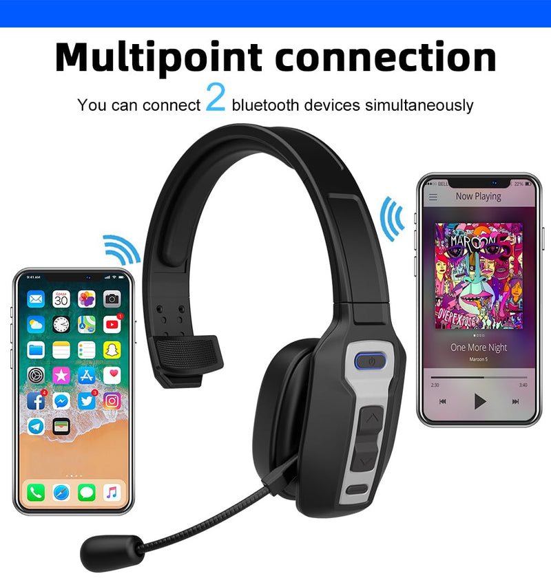 Bluetooth Headset with Microphone,Noise Cancelling with Mute Button, Very Strong Wireless Range, All-Day Comfort On Ear Headphones 60 Hrs Working time for Trucker/Work/PC/Call Center/Meeting/Office
