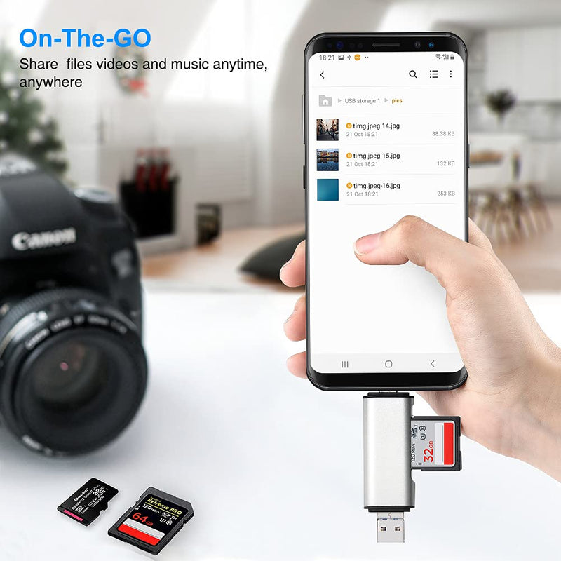 SD/Micro SD Memory Card Reader, BorlterClamp 3 in 1 Memory Card Reader with USB C Micro-USB OTG Adapter Compatible with PC, Laptop, MacBook, Tablet, Smartphone (Silver) silver