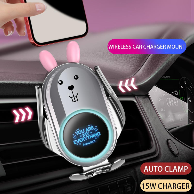 Cute Silver Rabbit Wireless Fast Charge Car Holder, Auto Clamp Vehicle Phone Mount