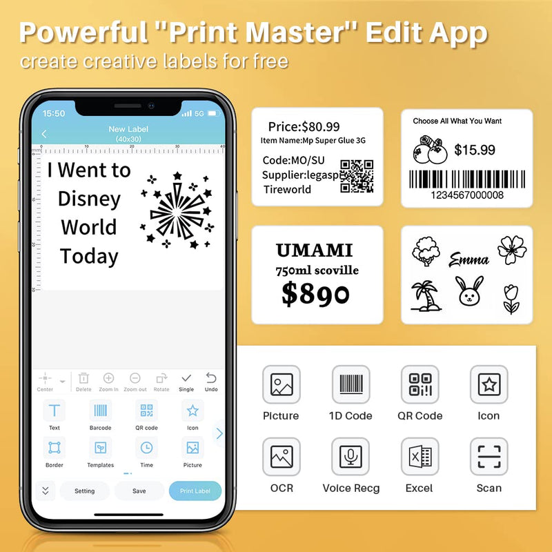 Phomemo M120 Label Maker- Barcode Printer Bluetooth Thermal Label Machine 2 Inch 50mm for Retail, QR Code, Small Business, Compatible with Android, iOS & PC, Black B/1 Roll Label