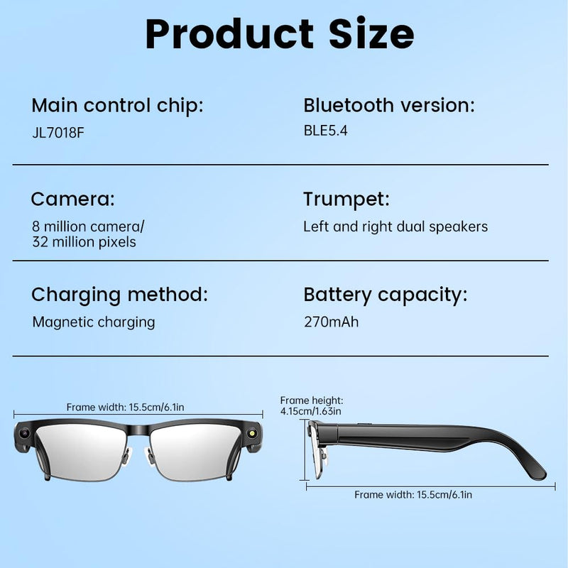 Smart Camera Glasses, Smart Glasses with Camera and Bluetooth 8MP HD Video Recording Anti-Shake 32G Support Chart GPT,WiFi,AI Voice Assistant,Translate,Music (Black Frame) Black Frame