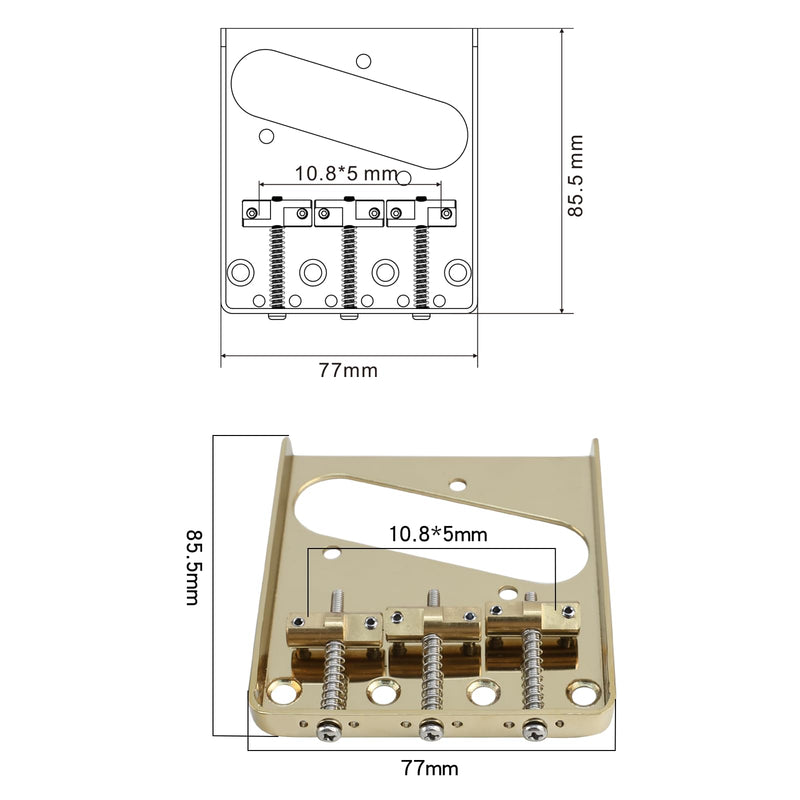 [AUSTRALIA] - Vintage Fixed Guitar Bridge with Brass Compensated 3-Saddle Steel Baseplate 10.8mm Guitar Bridge Compatible with Vintage Telecaster Tele Style Electric Guitar Replacement Parts Glod Gold 