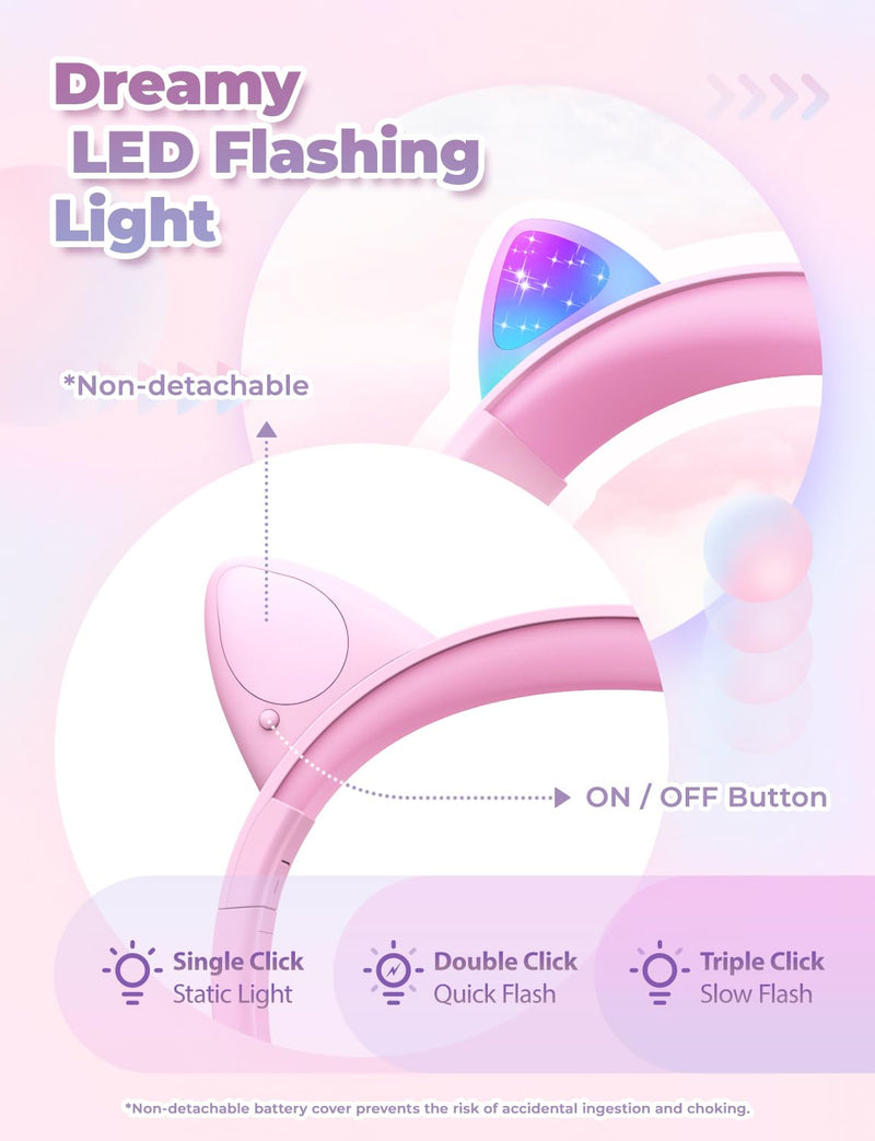 iClever Kids Headphones with Cat Ear Led Light Up, Safe Volume Limite Kids Wired Headphones with FunShare Foldable Over-Ear Headphones for Kids/School/iPad/Tablet/Travel, Meow Donut-Pink Pink Medium