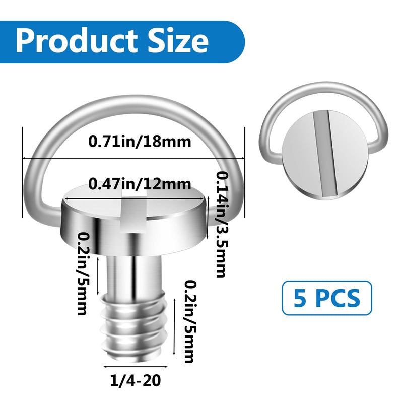 5 Pcs 1/4" Camera Tripod Screw, Stainless Steel Thread D-Ring Camera Screws, Quick Release Camera Screw for Camera Tripod Monopod QR Plate