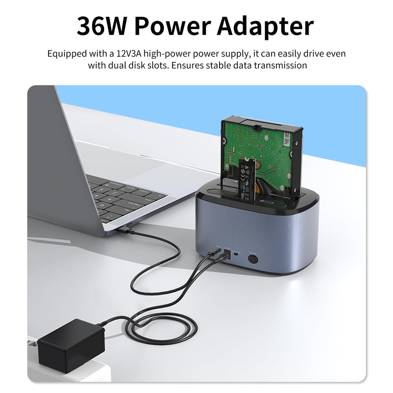 GODO M.2 NVMe & SATA Hard Drive Docking Station, USB-C 10Gbps USB 3.2 Gen 2 Hard Drive Cloner for M.2 NVMe SSD, 2.5"/3.5" SATA HDD/SSD, Dual Bay Offline Clone Dock 2-Bay-Gray