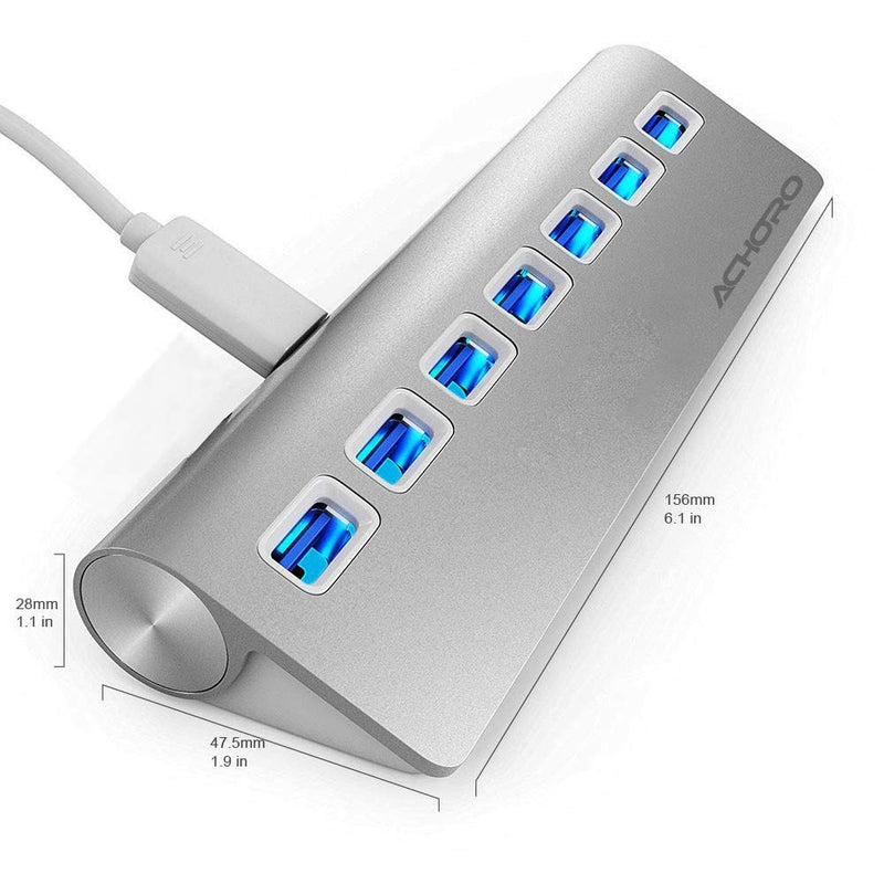 Achoro 7 Ports USB 3.0 Hub - Triangle Aluminum Alloy - High-Speed USB Port Expander - Compatible with PC, iMac, MacBook, Windows, Desktop, and More – Computer Multiple USB HUB (Silver) Silver