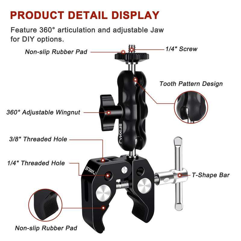 [AUSTRALIA] - Camera Mount Clamp with Double Ball Head Adapter - 2 Pack. Compatible with LED Lights, Gopro, Insta360, DJI Action, Ronin-M, Ronin MX. 360° Ballhead and 1/4’’ + 3/8’’ Thread Hole. 