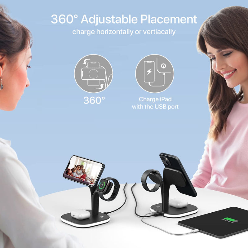 Magnetic Charging Station, EXW 5 in 1 Faster Mag-Safe Wireless Charger Stand for iPhone 14,13,12 Pro/Max/Mini/Plus, Apple Watch 8/7/6/SE/5/4/3/2 and Airpods 3/2/Pro/Pro 2 with LED and Adapter (Black) Black
