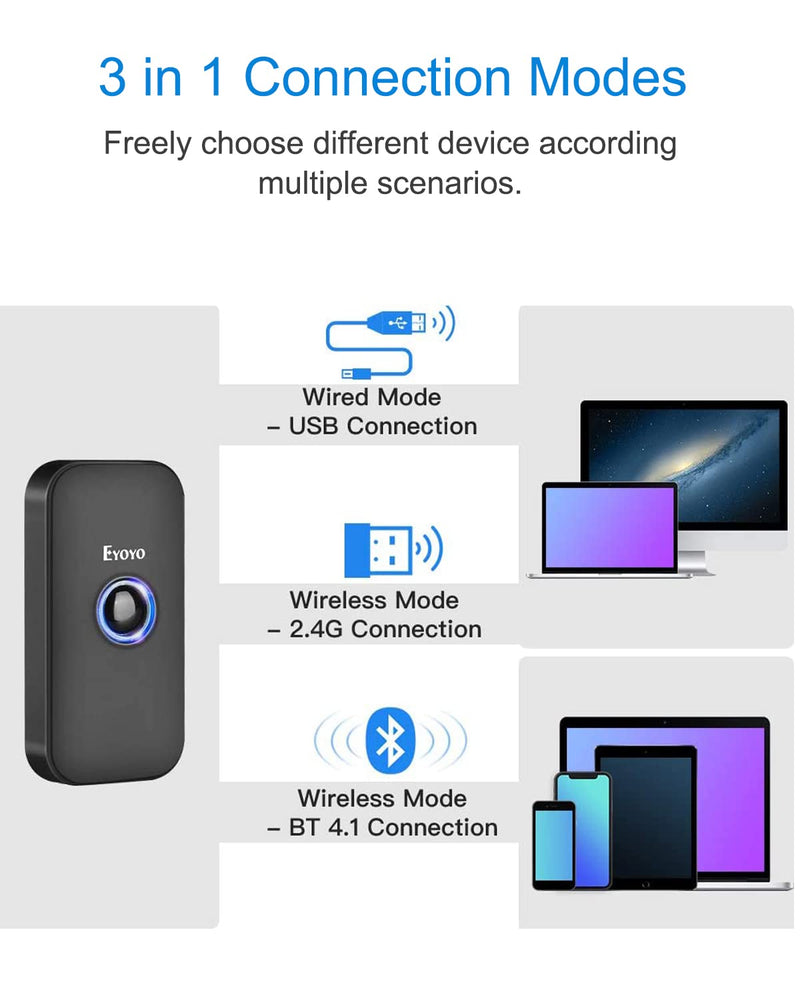 [AUSTRALIA] - Eyoyo Mini 1D Bluetooth Barcode Scanner with Case, 3-in-1 Bluetooth & USB Wired & 2.4G Wireless Barcode Reader Portable Bar Code Scanning Work with Windows, Android, iOS, Tablets or Computers(Black) Black 