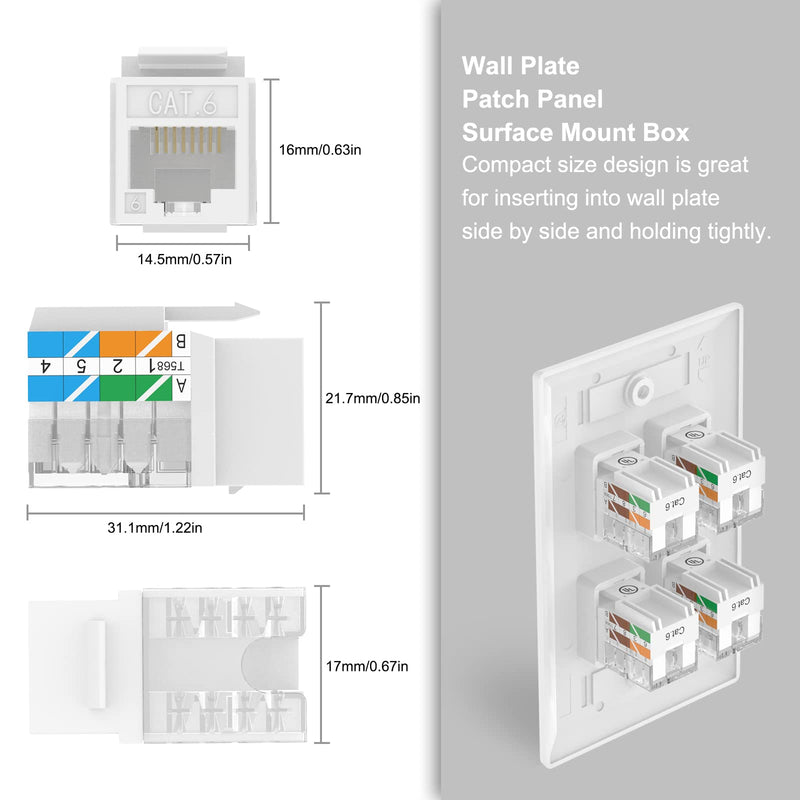 VCE Cat6 RJ45 Keystone Jack Insert UL Listed 25-Pack, 90 Degree Punch Down Keystone Jack Adapter Slim Profile White