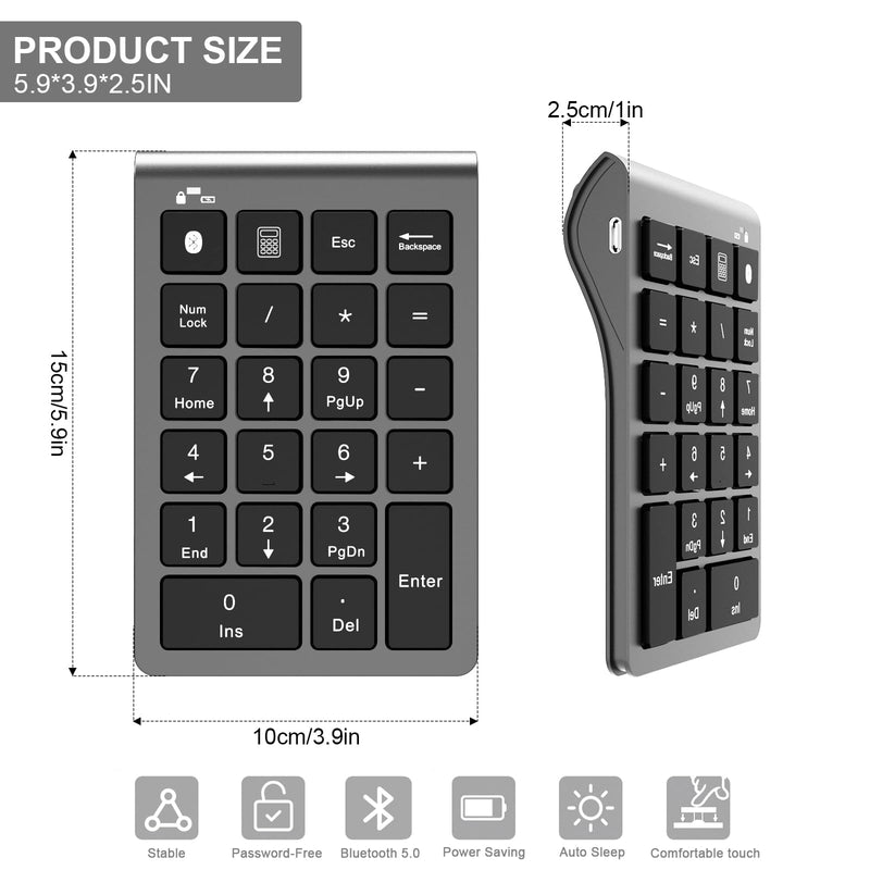 [AUSTRALIA] - Bluetooth Number Pad Wireless & Wired 10 Key USB Keypad Two in One, Rechargeable Numpad for Laptops, Desktop, Computers Accessories Compatible with MacBook iPads ChromeBook EliteBook Notebook etc. Metal Grey 