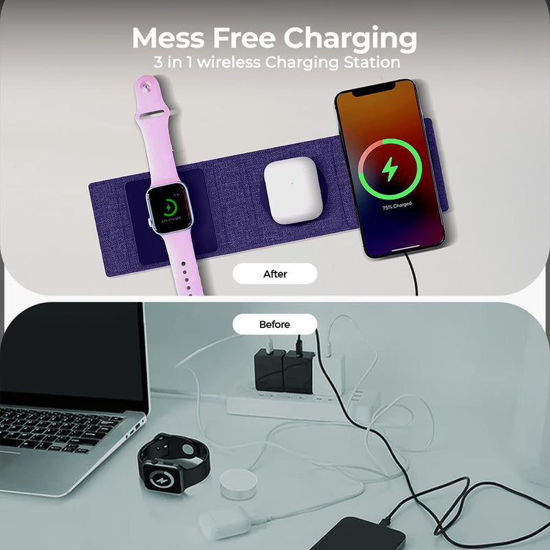 ZTAR 3-in-1 Wireless Travel Charger for iPhone 16/15/14/13/12, Samsung Galaxy with Wireless Capabilities, Earbuds & Apple Watch, Portable Foldable MagSafe Charging Pad for Multiple Devices PURPLE