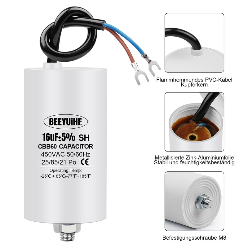 BEEYUIHF CBB60 Motor Capacitor 16µF 450V Capacitor 50/60Hz Starting Capacitor 16uF Motor Running Capacitor with Connection Cable for Electric Motor 40 x 73 mm 16μF / 16uF