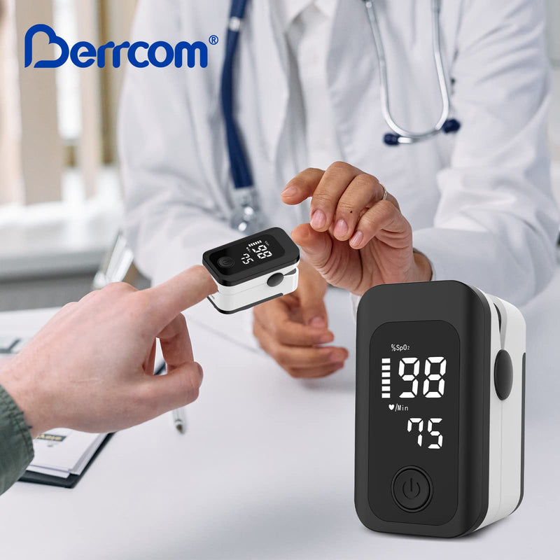 Berrcom Pulse Oximeter Blood Oxygen Saturation Monitor Finger High Accuracy Sats Monitor for Children Adults with Batteries and Lanyard