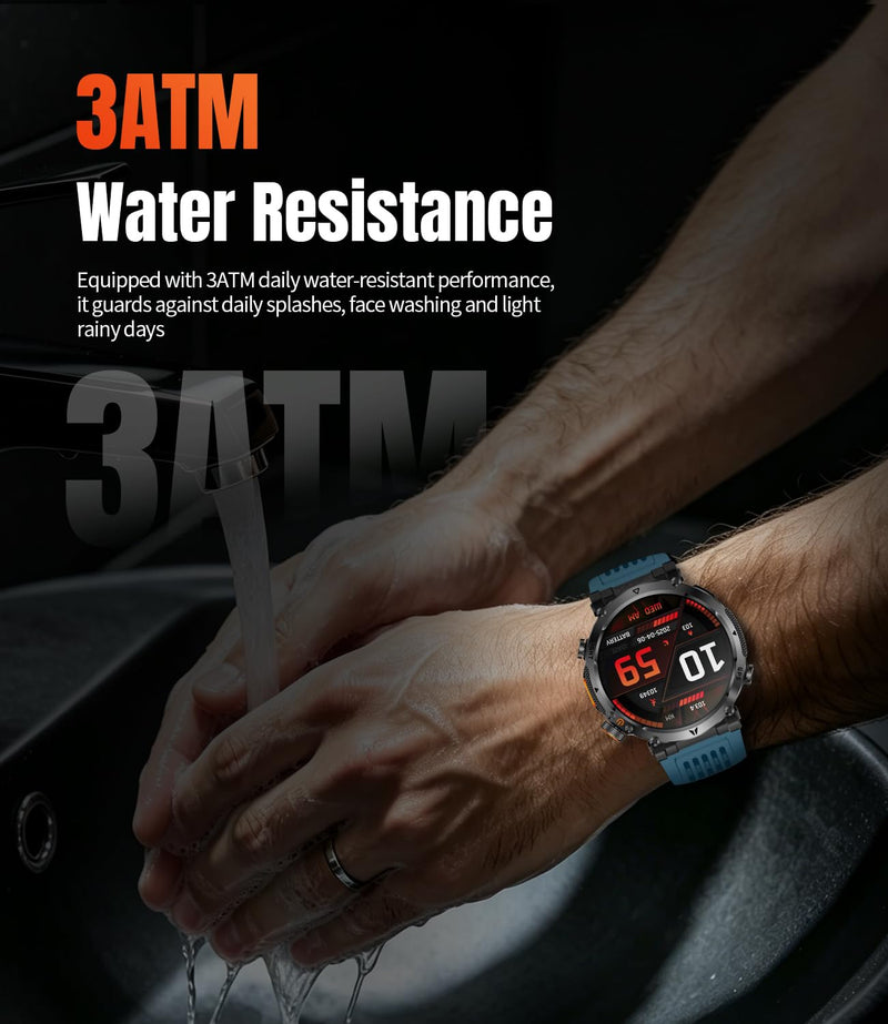 Military Smartwatch for Men with GPS, 850nAh, 1.7-Inch HD Outdoor Watch | 3ATM Waterproof, Answer/Make Call, with LED Flashlight / 100+ Sports Modes / Fitness Tracker, Compatible with Android & iOS Blue tape