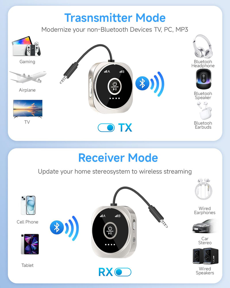 [AUSTRALIA] - Airplane Bluetooth 5.4 Transmitter Receiver with aptX Low Latency,Supports 2 AirPods or Headphones, 24Hr Playtime, 3.5mm AUX Wireless Audio Adapter for Home Stereo, Travel Flight, Home, Gym Silver 