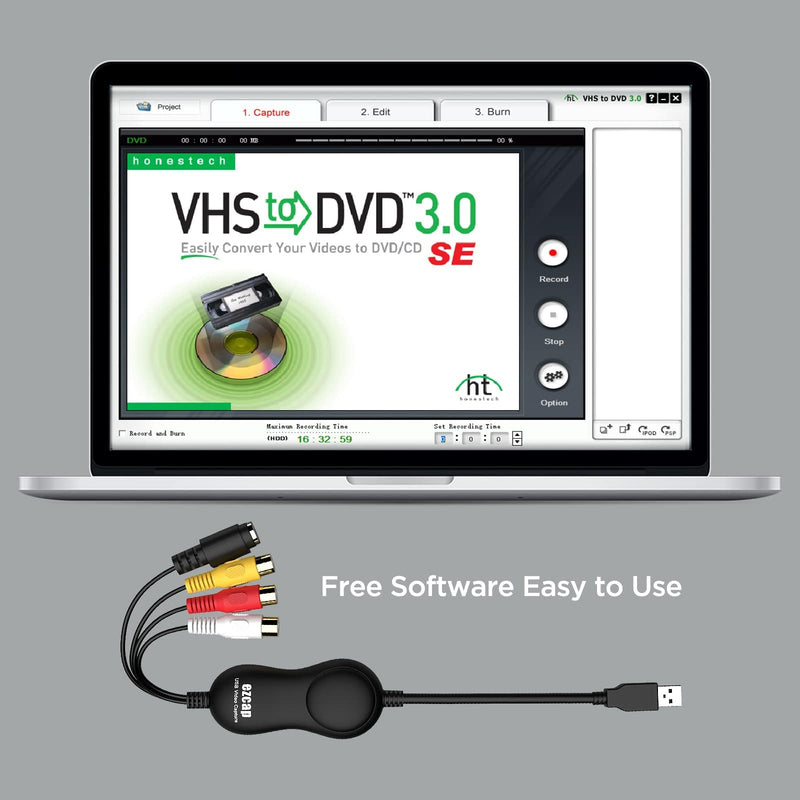 VHS to Digital Converter, RCA to USB 2.0 Video Capture Card, Convert VHS, VCR, Hi8, Camcorder to Digital, Supports CVBS and S-Video Input, Compatible with Windows, Mac, Linux, H.264 Format