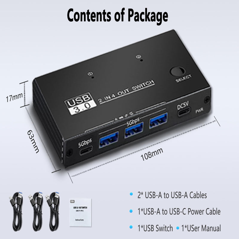 USB 3.0 Switch Selector, USB Switcher 2 Computers Sharing 3X Type A/USB C | USB C Switcher with 3 Cable, Hub PC Mouse Keyboard Hard Drives Printer One Button Switch Adapter with Windows Mac Linux 4K