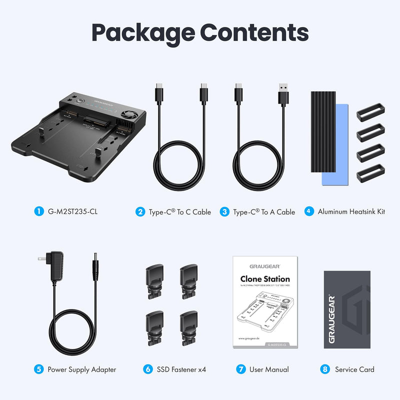 GRAUGEAR NVMe M.2 & SATA SSD/HDD Hard Drive Docking Station, USB-C 10Gbps NVMe Reader, SATA to M.2 NVMe Cloner, 2.5/3.5 SATA Enclosure Lay-Flat Clone Station, Dual Bay Offline Clone
