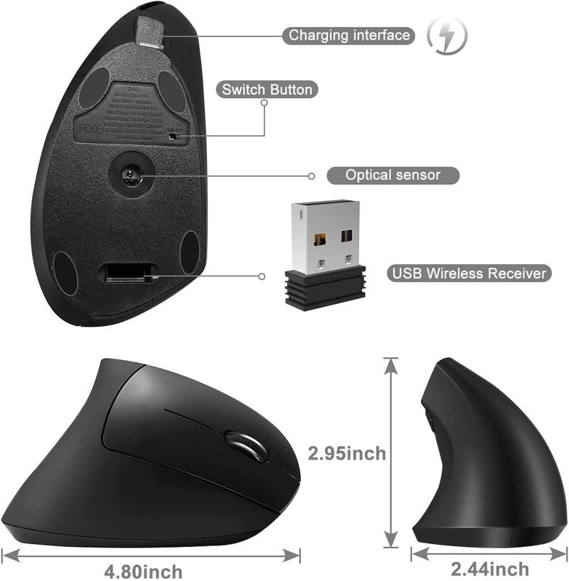 Vassink Ergonomic Mouse, Rechargeable Wireless Mouse, 2.4GHz Rechargeable Wireless Vertical Optical Mice with USB Receiver, 6 Buttons, 800/1200/1600 DPI, for Laptop, PC, Computer Black