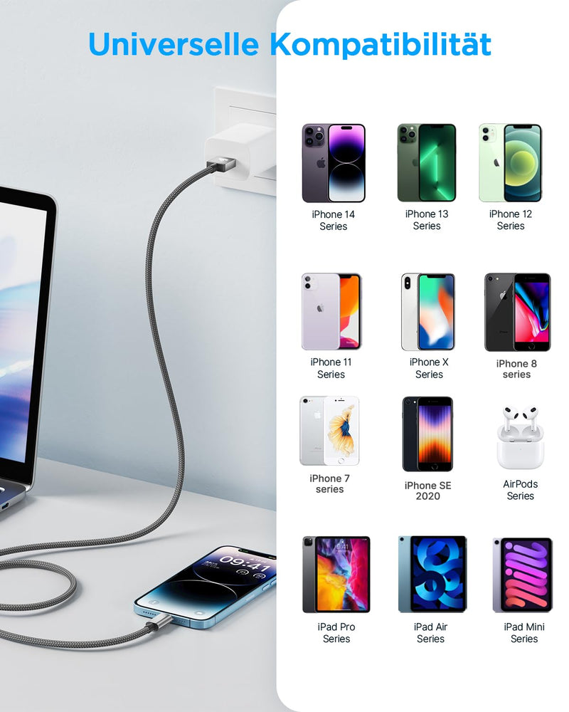 iPhone Charging Cable, Lightning Cable, 3M Charging Cable, iPhone Cable, MFi Certified iPhone Fast Charging Cable, Nylon Fast USB Lightning Cable for iPhone 14 13 12 11 Pro Max Mini XS XR X 8 7 6 6s 3 metres grey