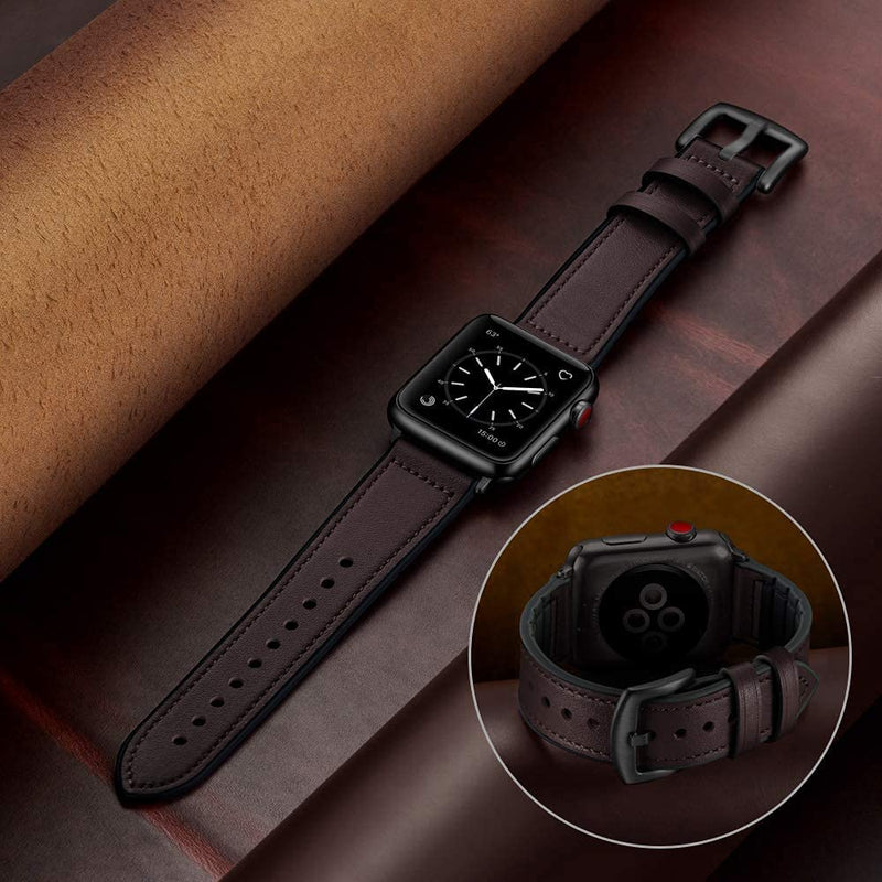 OUHENG Compatible with Apple Watch Band Sweatproof Genuine Leather and Rubber Hybrid Band 41mm 40mm 38mm Brown & Dark Brown