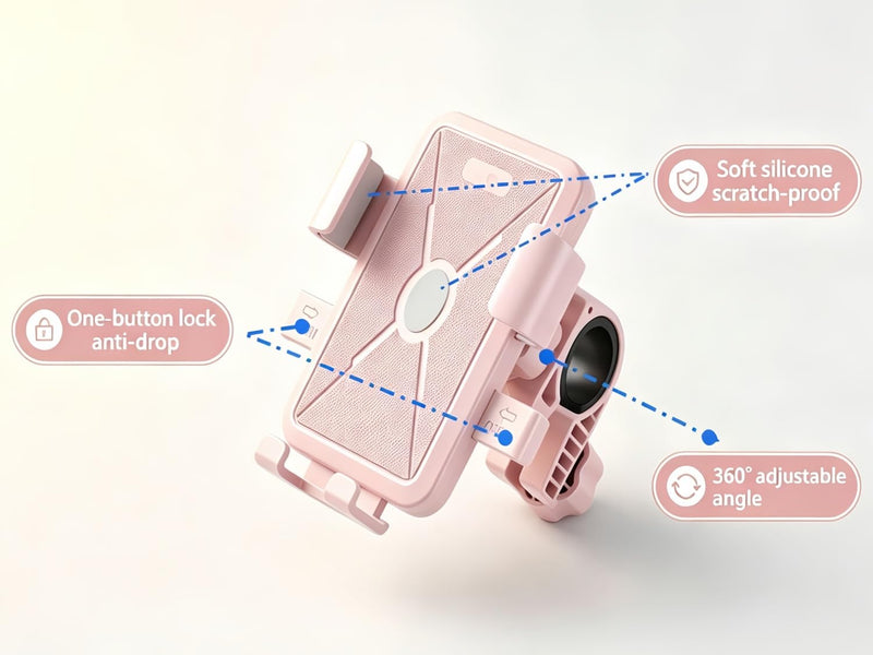 Pink Bike Phone Mount for Women, Anti-Shake Bicycle & Scooter Phone Holder | Slide-to-Lock Bicycle Phone Holder, 360° Rotatable Anti-Shake Scooter Mount for Electric Bike, Motorcycle