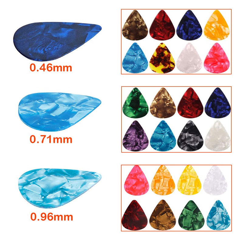 Guitar Pick Holder Case Bag with 24pcs Acoustic Electric Guitar Colorful Picks, Variety Pack Mixed Thickness Picks 0.46mm/ 0.71mm/ 0.96mm + Little Picks Holder Set