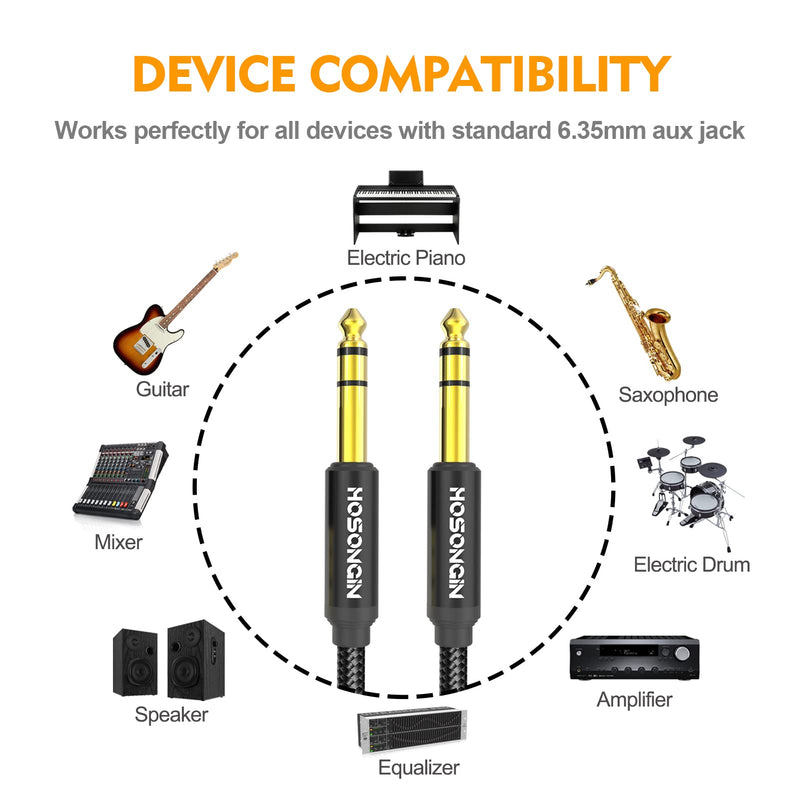 HOSONGIN 1/4 Inch TRS Instrument Cable 3.3ft 2-Pack [Nylon Braided Shielded], 1/4 in TRS Male to Male Plug Stereo Audio Cord, Quarter Inch 6.35mm Balanced Interconnect Line - 3.3 feet 1/4" TRS Cable - 2 Pack