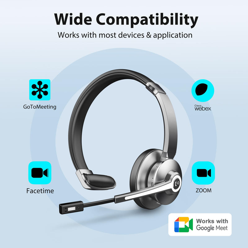 Bluetooth Headset, Wireless Headset with Microphone Noise Canceling & USB Dongle, Headset for Work with Charging Base, Headphones with Mute Button for Phones/Call Center/Office/Trucker