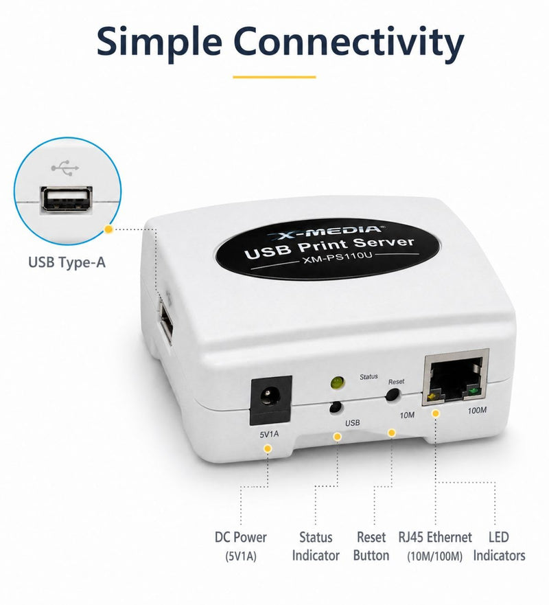 X-MEDIA XM-PS110U 1-Port 10/100Mbps Fast Ethernet USB Print Server | USB 2.0 Port Network Print Server