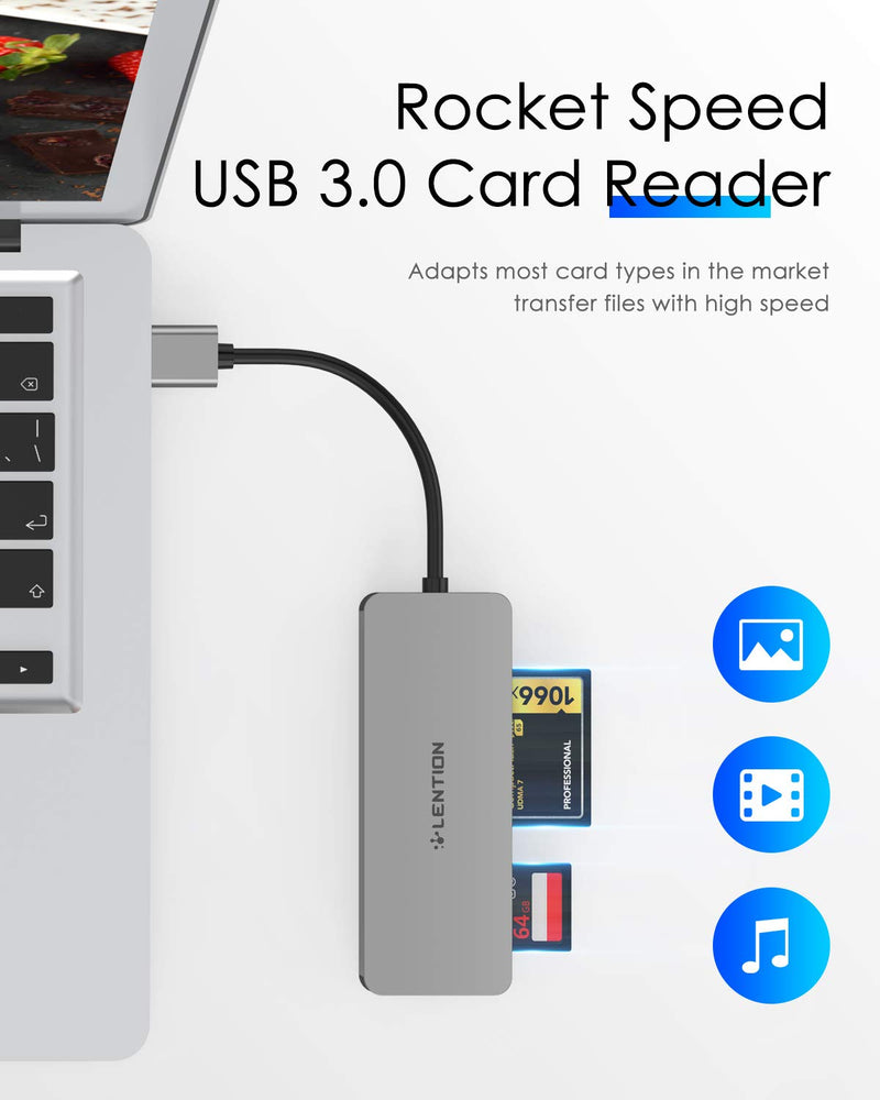 LENTION USB 3.0 to CF/SD/Micro SD Card Reader, SD 3.0 Card Adapter for SD/SDHC/SDXC/MMC/RS-MMC/Micro SD/Micro SDHC/Micro SDXC/CF Type I, Compatible Windows, MacOS, ChromeOS, More (CB-H12, Space Gray)