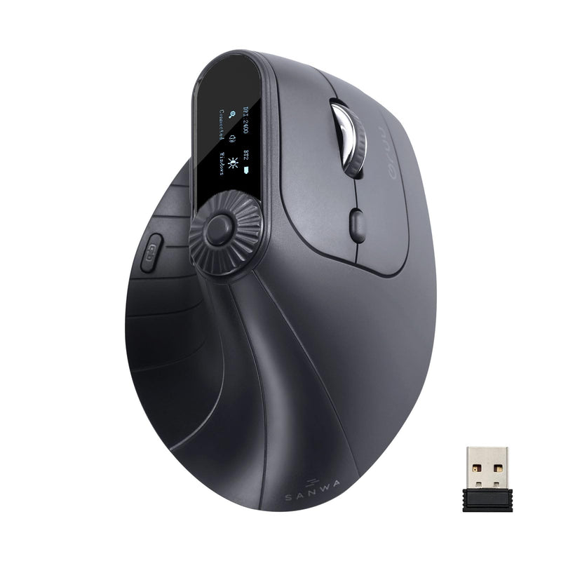 SANWA 2-DP Ergo Mouse with LED Screen + Wireless Trackball Mouse Set, Vertical Mouse Knob Control, Programmable Buttons, Silent Ergonomic Roller Ball Mice, Compatible with Mac, Windows, Laptop, Androi