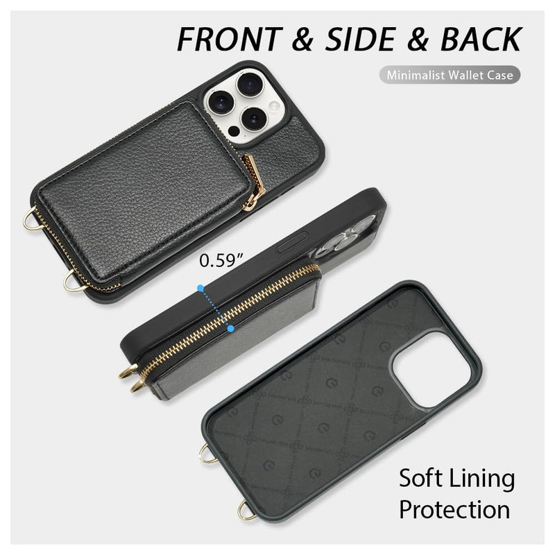 ZVE iPhone 13 Pro Max Crossbody Wallet Case, Card Holder Phone Case for Women, Zipper Leather Purse with Wrist Strap, RFID Blocking Cover Gift for iPhone 13 Pro Max (6.7 inch, 2021)- Black iPhone 13 Pro Max, 6.7"