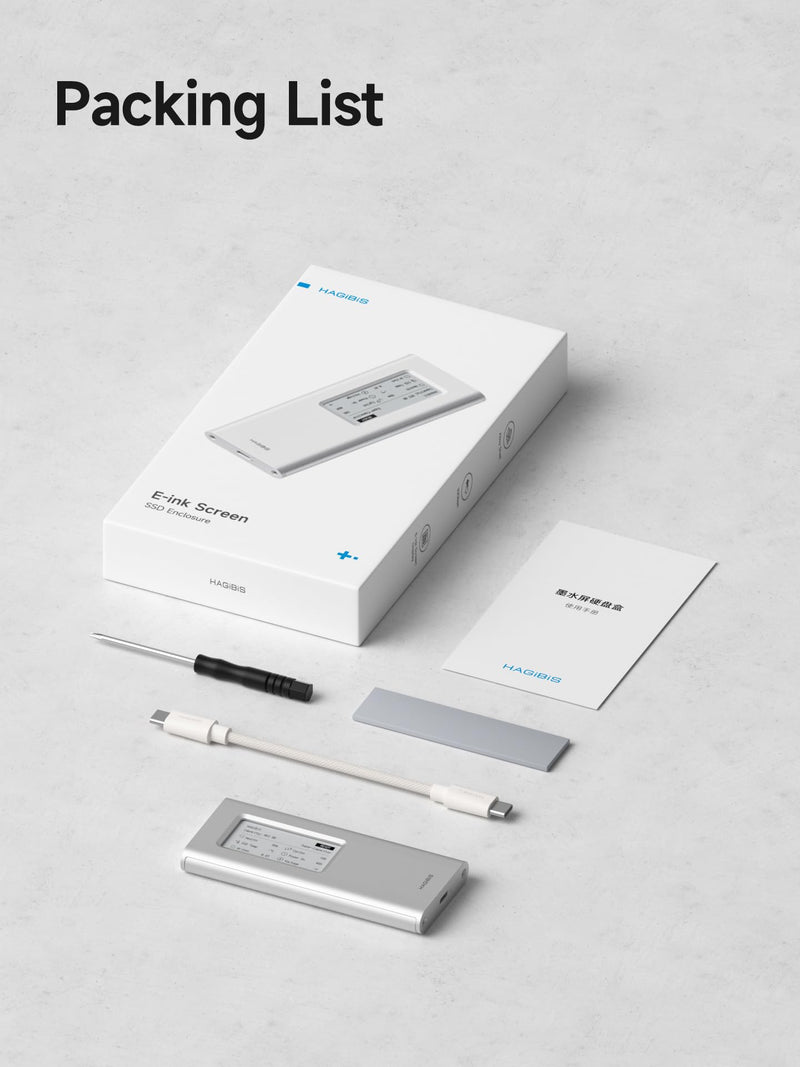 Hagibis SSD Enclosure, E-Ink Display Aluminum 10Gbps M.2 NVMe SSD Case, Ink Screen Super Capacitor USB 3.2 Gen 2 to PCI-E NVMe M and B&M Keys External SSD Enclosure for 2230/2242/2260/2280 SSDs 9210CN