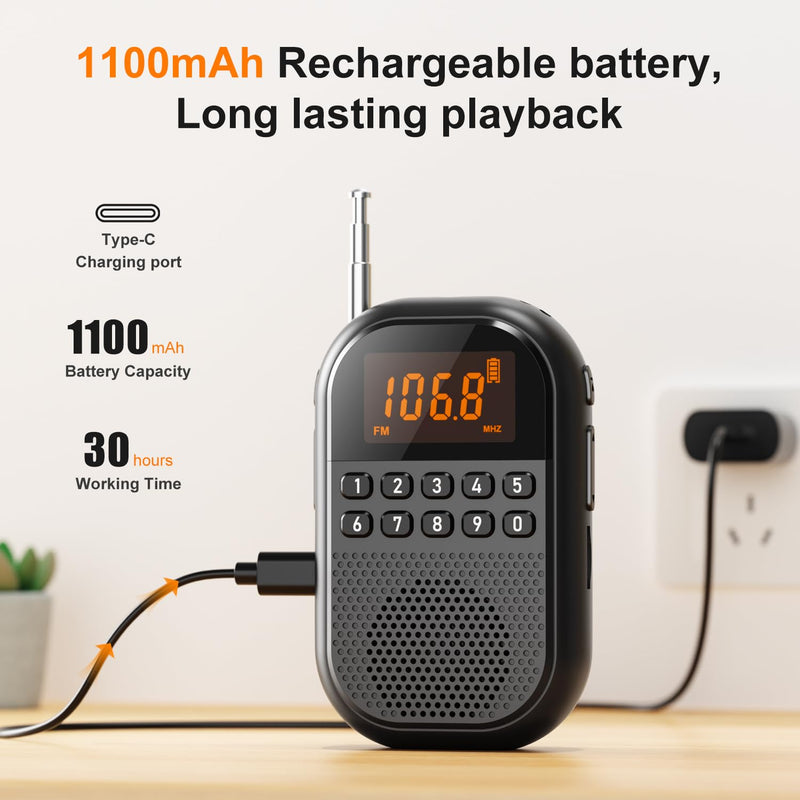 [AUSTRALIA] - Pocket AM FM Radio:1100mAh Rechargeable Radio Supports Bluetooth, Mini FM AM Receiver with Large Speaker, Stereo Earphone, Sleep Timer, Easy to use for Jogging, Walking Black 