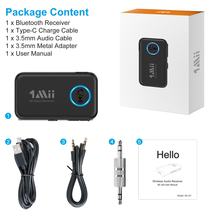 1Mii Bluetooth 5.3 Music Receiver for Car/Home Stereo, Aux Bluetooth Adapter for Car with Volume Control Supports Hands Free Calls, 16H Battery Life
