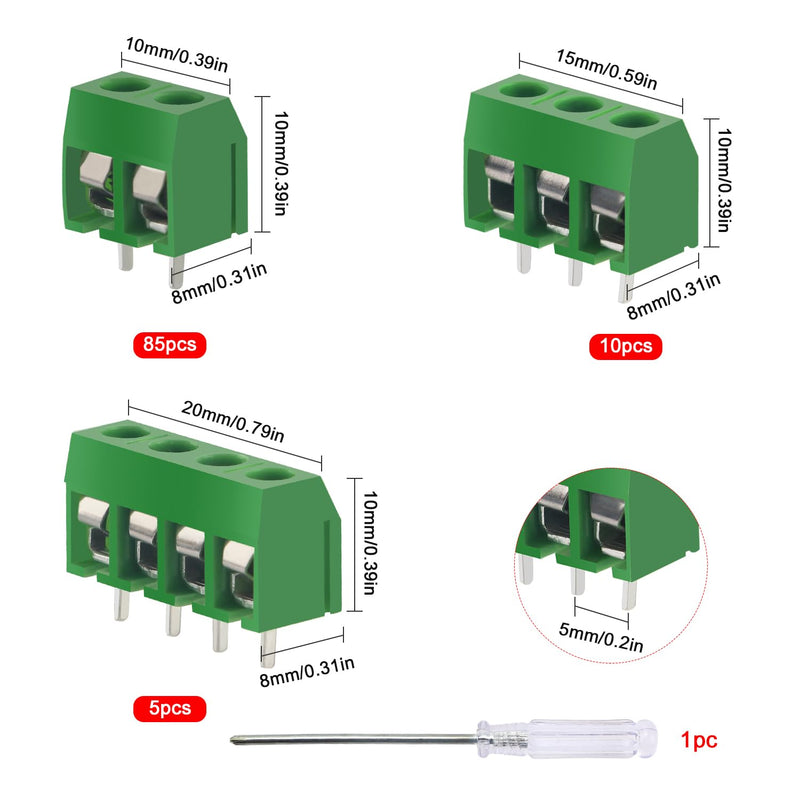 YIXISI PCB Mount Screw Terminal Block, 5 mm 2 Pin / 3 Pin / 4 Pin Screw Terminal Connector for Arduino DIY Project (85 x 2 Pin, 10 x 3 Pin, 5 x 4 Pin, Green) 2P+3P+4P
