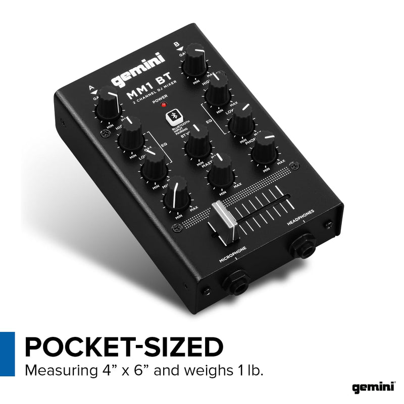 Gemini Portable Bluetooth DJ Mixer – 2-Channel Mini Audio Mixer with Wireless Input, RCA, Mic & Headphone Jacks, EQ & Crossfader – Compact DJ Mixer Board for Beginners & Mobile DJs (MM1BT) MM1BT