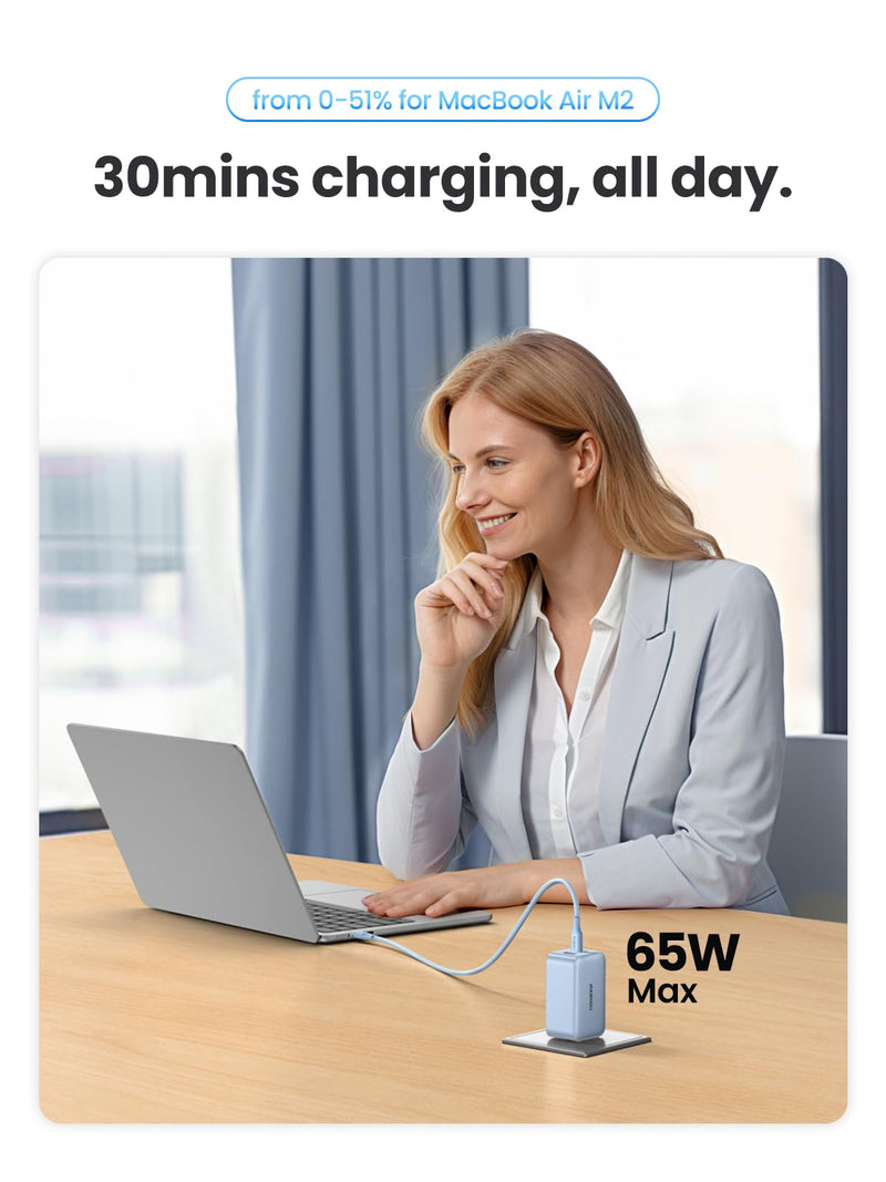 UGREEN 65W USB C Charger, Nexode 3 Ports GaN Fast Charger Block, Compact Foldable Charger for MacBook Pro/Air, Dell XPS, iPhone 15 Pro Max/14/13, iPad Pro, Galaxy S23, Pixel 7 (Glacier Blue) Glacier Blue