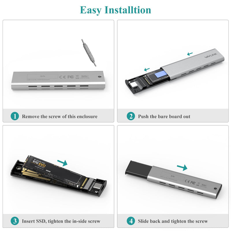 WAVLINK NVMe Enclosure, NVMe to USB 10Gbps Aluminum External M.2 NVMe and SATA SSD Enclosure, Supports UASP Trim for M-Key/B+M Key NVMe PCIe and SATA SSDs in Sizes 2230/2242/2260/2280, up to 8TB